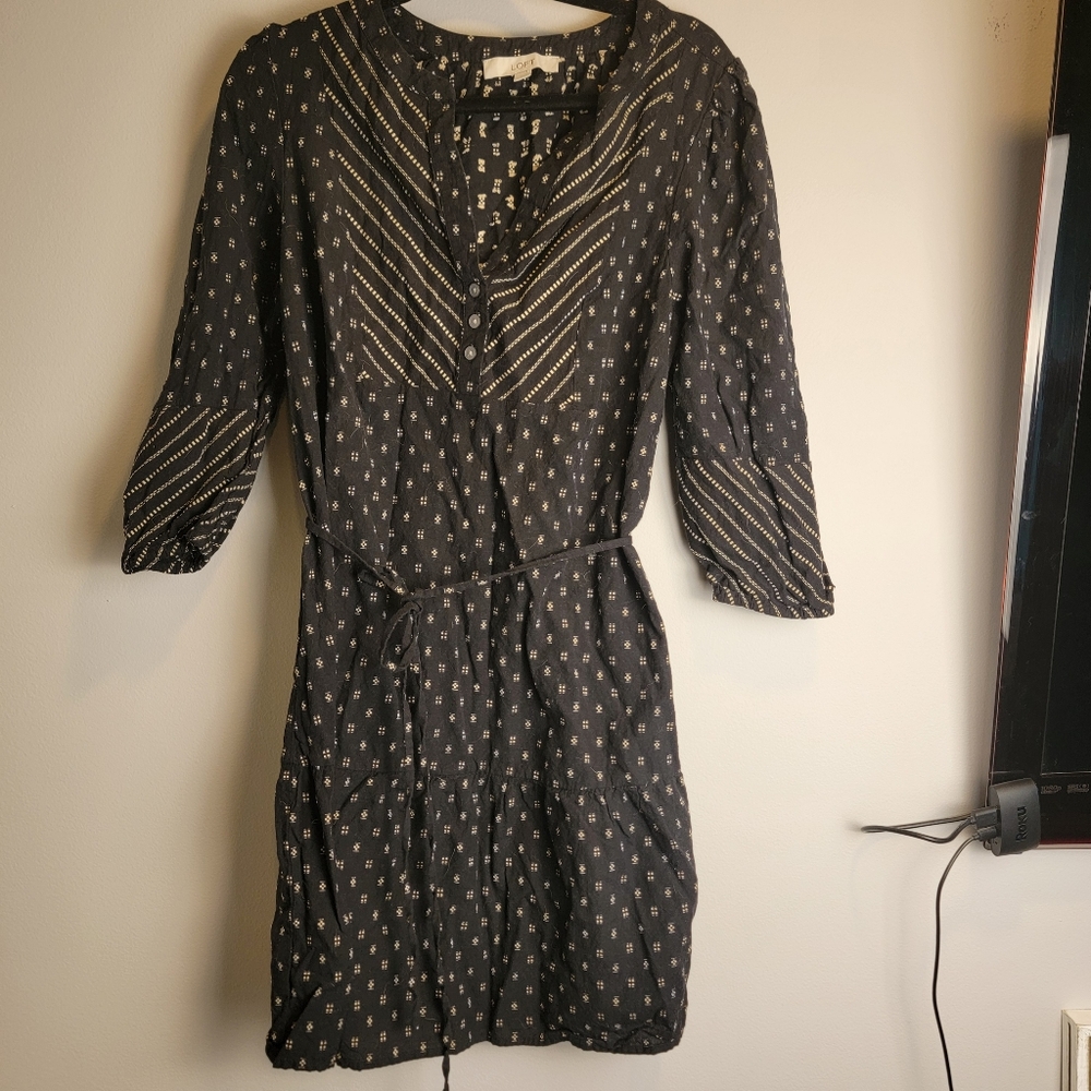 LOFT Black and Cream Patterned Long Sleeve Dress